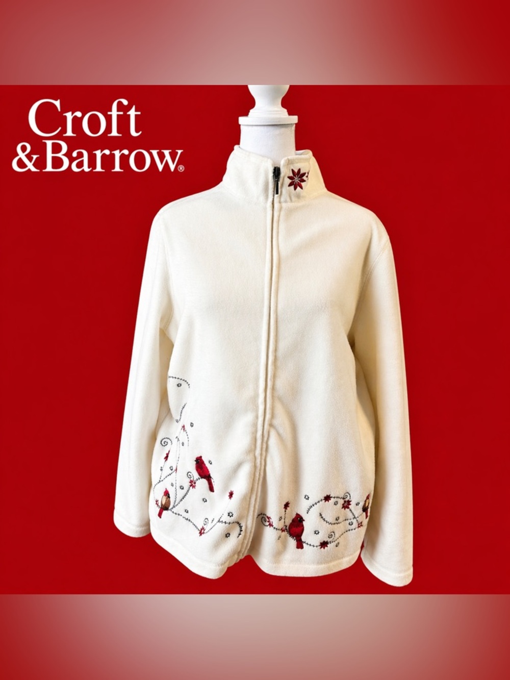 Croft & Barrow Cardinal Embroidered Fleece Jacket Cream Zip Up Womens M